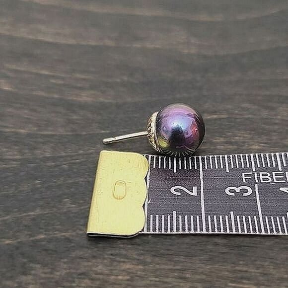 Vtg faux black pearl and gold plated sterling silver studs - Picture 7 of 9